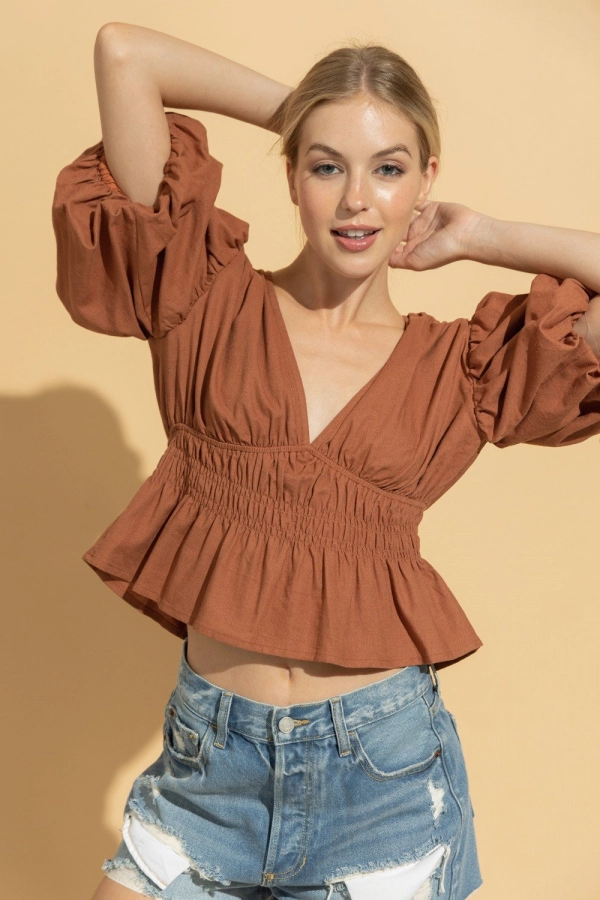 wholesale clothing camel cropped top with v neck In The Beginning