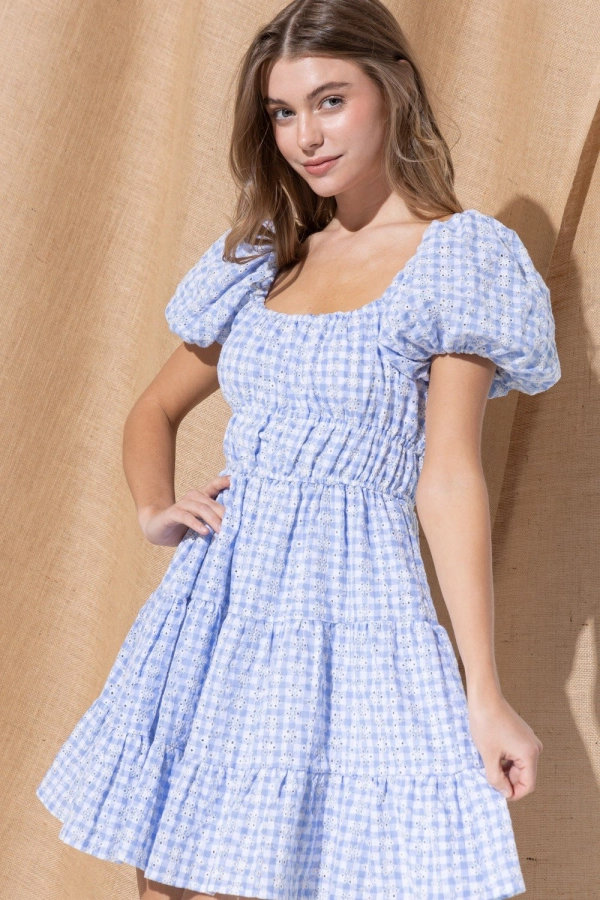 wholesale clothing blue print dress with ruffle and short sleeve In The Beginning