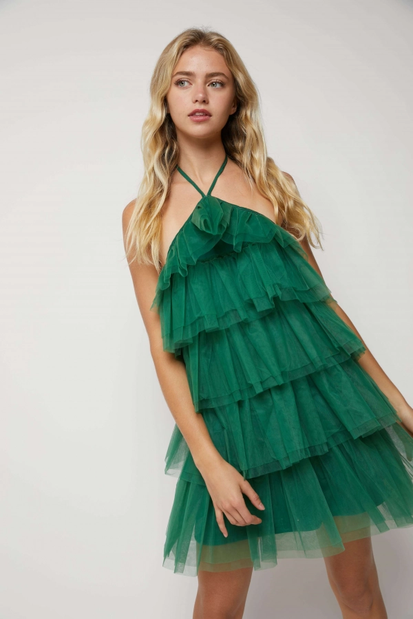 wholesale clothing hunter green halter neck tulle ruffle mini dress In The Beginning