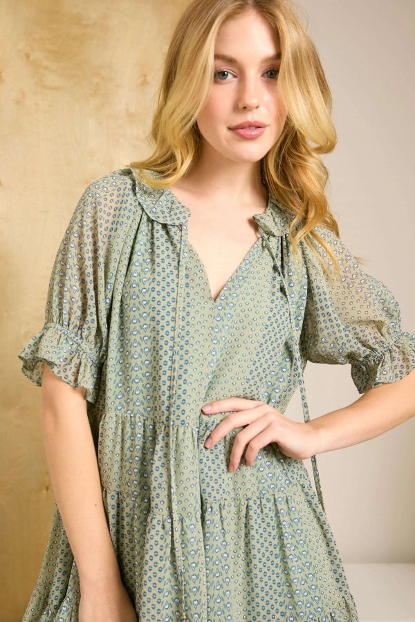 wholesale clothing sage multi dress with v neck and flared details In The Beginning