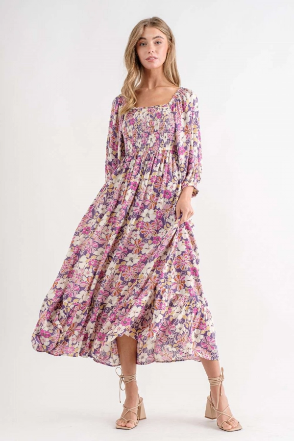 wholesale clothing purple floral maxi dress with square neck In The Beginning