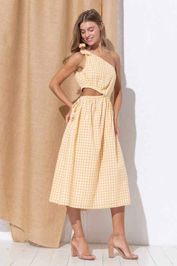 wholesale clothing yellow plaid sleeveless midi skirt dress In The Beginning