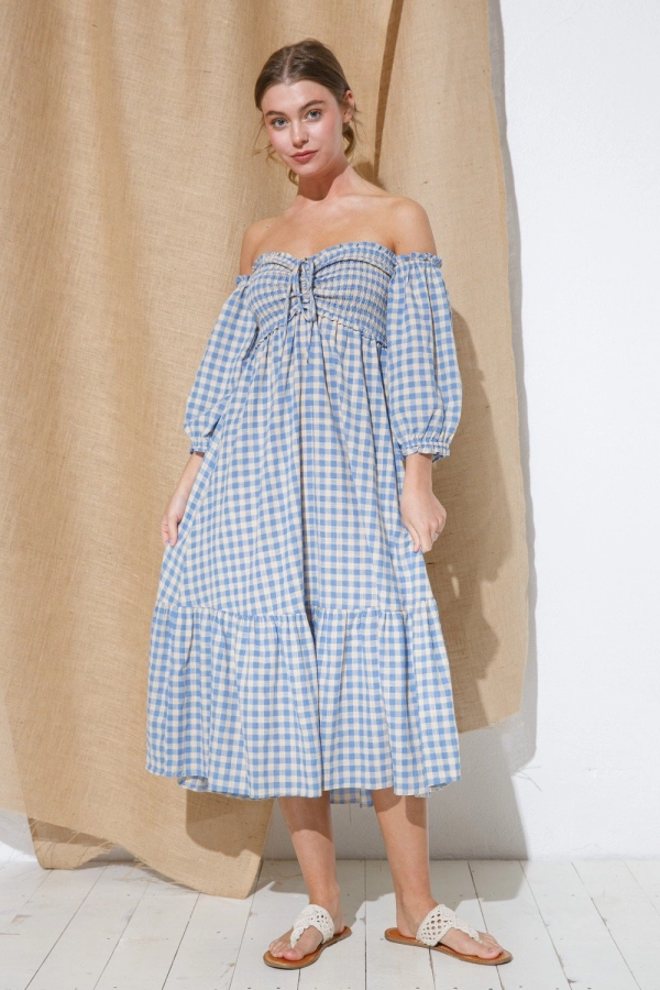 wholesale clothing blue checkered off shoulder dress with puff sleeve and drawstring In The Beginning