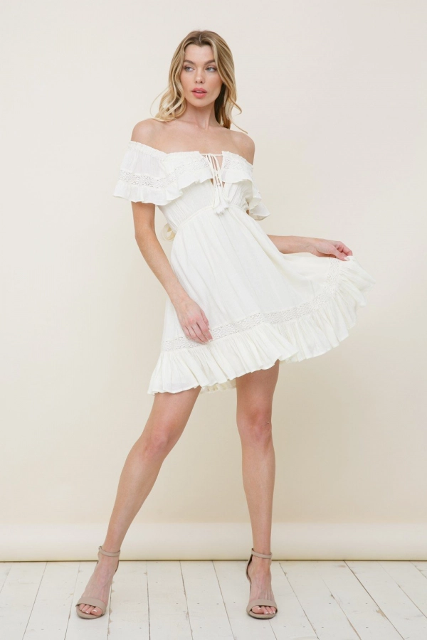 wholesale clothing ivory off shoulder dress with belted back In The Beginning