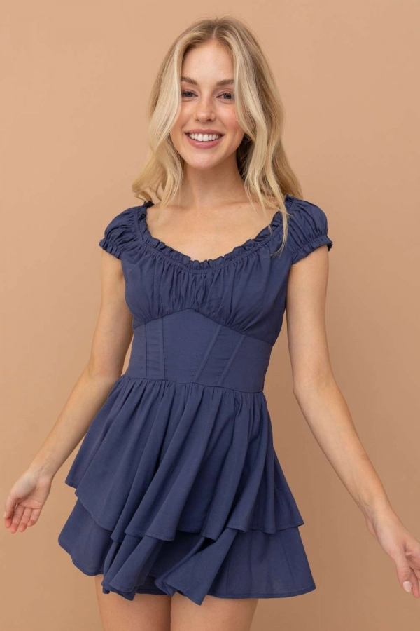 wholesale clothing navy mini romper with off shoulder details In The Beginning