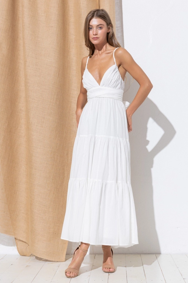wholesale clothing off white tiered maxi dress with spaghetti strap with waist tie In The Beginning