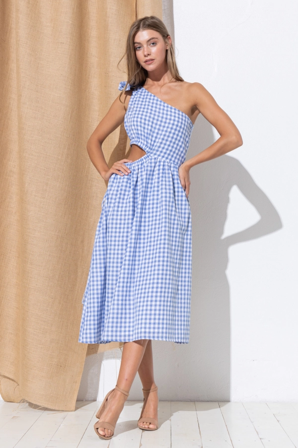 wholesale clothing blue plaid sleeveless midi skirt dress In The Beginning