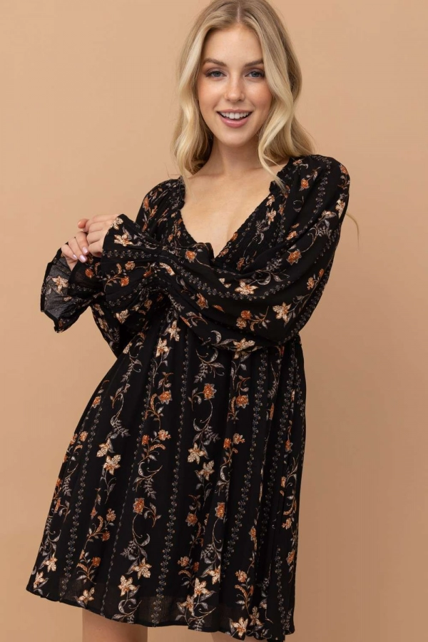 wholesale clothing black floral mini dress with v neck In The Beginning