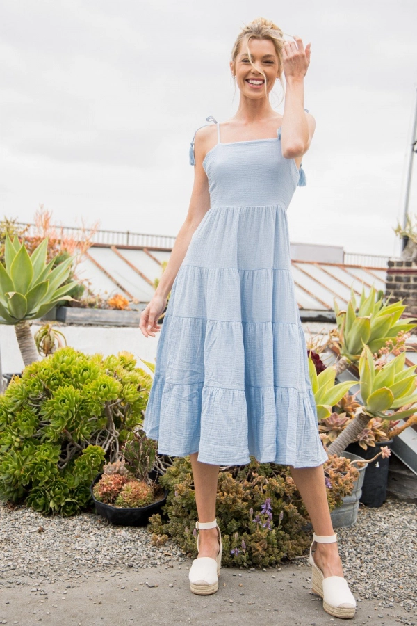 wholesale clothing light blue open back midi dress with ruffle details In The Beginning
