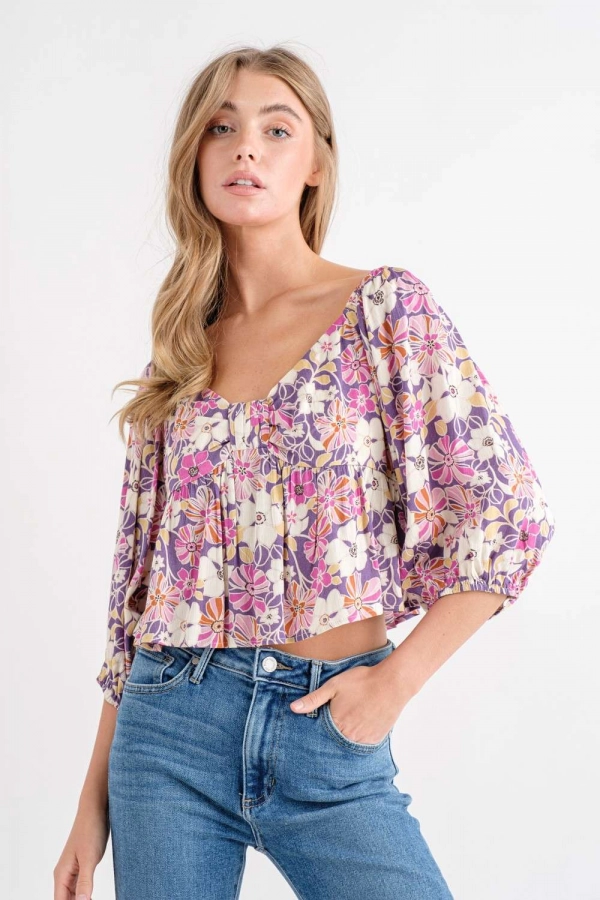wholesale clothing purple floral top with v neck In The Beginning