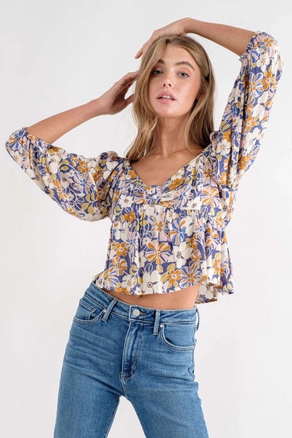 wholesale clothing blue floral top with v neck In The Beginning