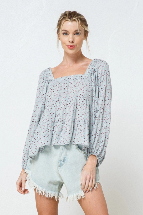 wholesale clothing blue floral long sleeve top with square neck In The Beginning