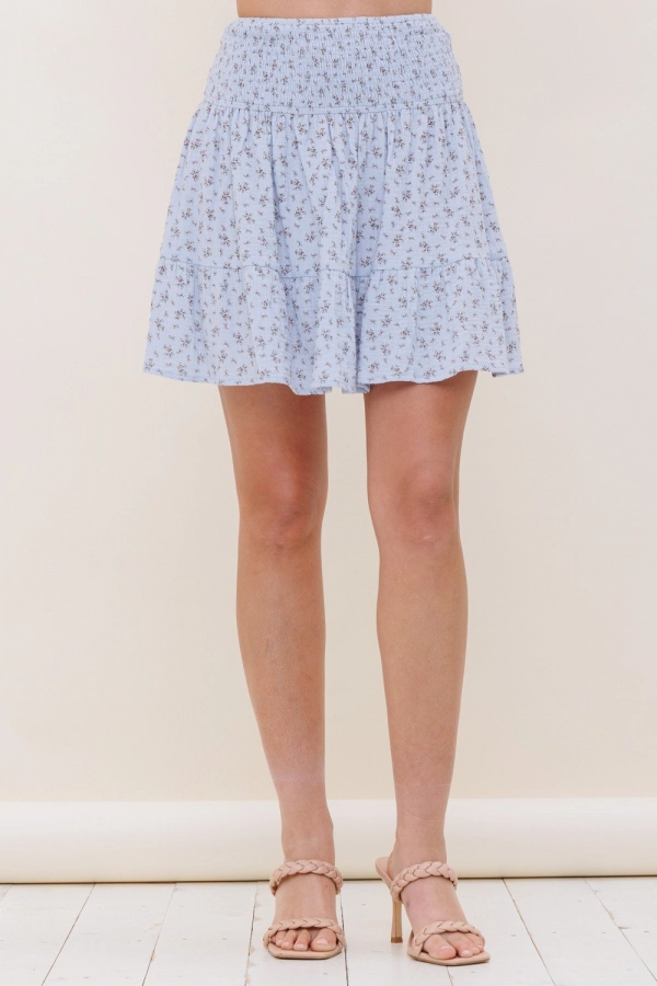 wholesale clothing blue floral mini skirt with elastic waist In The Beginning