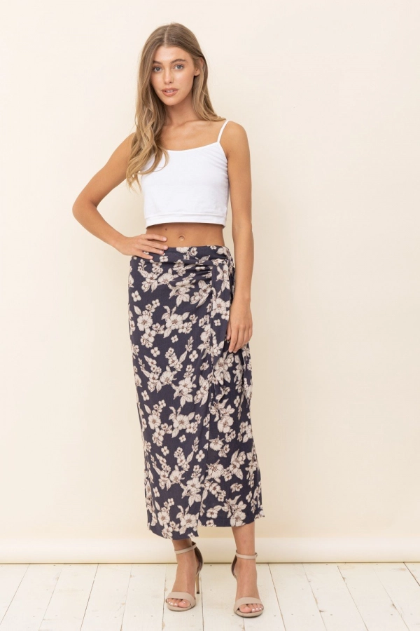 wholesale clothing navy floral maxi skirt with adjustable details In The Beginning