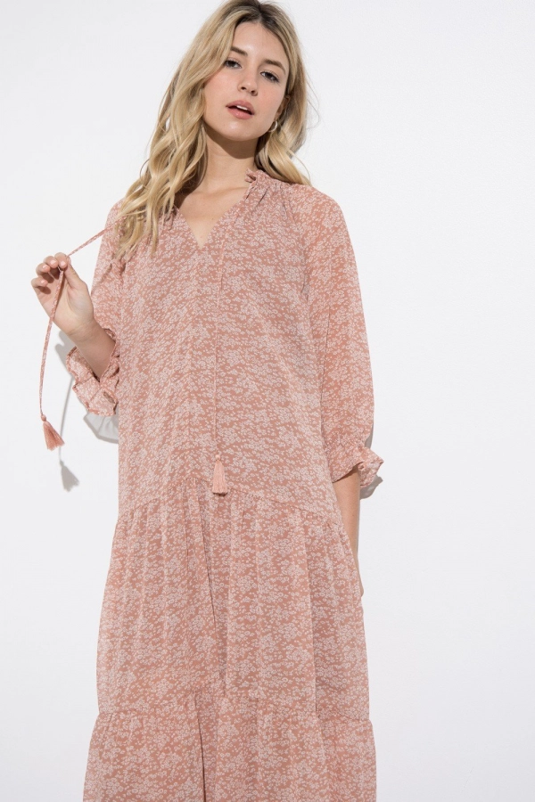 wholesale clothing blush tiered midi dress with drawstring and puff sleeve In The Beginning