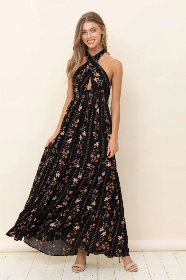 wholesale clothing black floral maxi dress with ruffle details In The Beginning