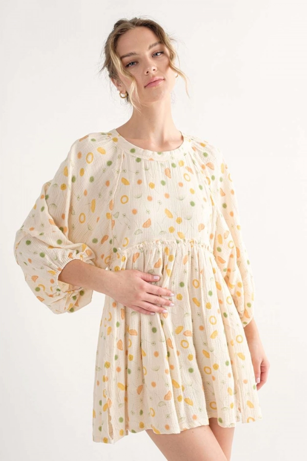 wholesale clothing ivory floral dress with round neck and pockets In The Beginning