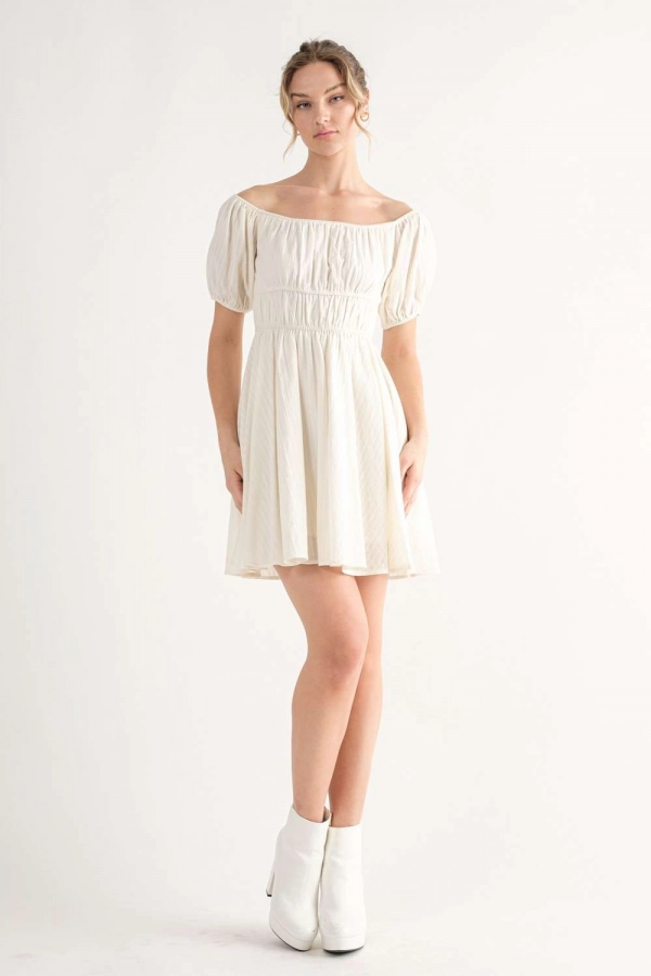 wholesale clothing off white mini dress with off shoulder details In The Beginning