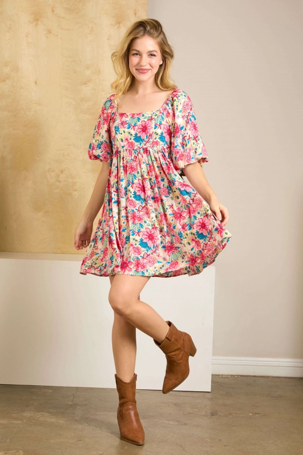 wholesale clothing pink floral mini dress with square neck In The Beginning