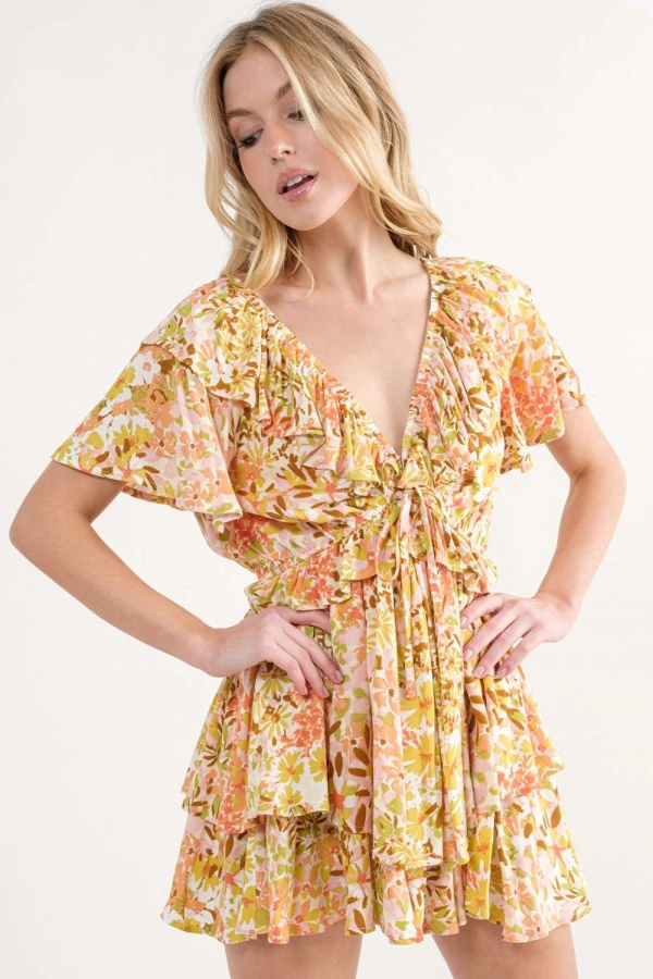 wholesale clothing yellow romper with v neck In The Beginning