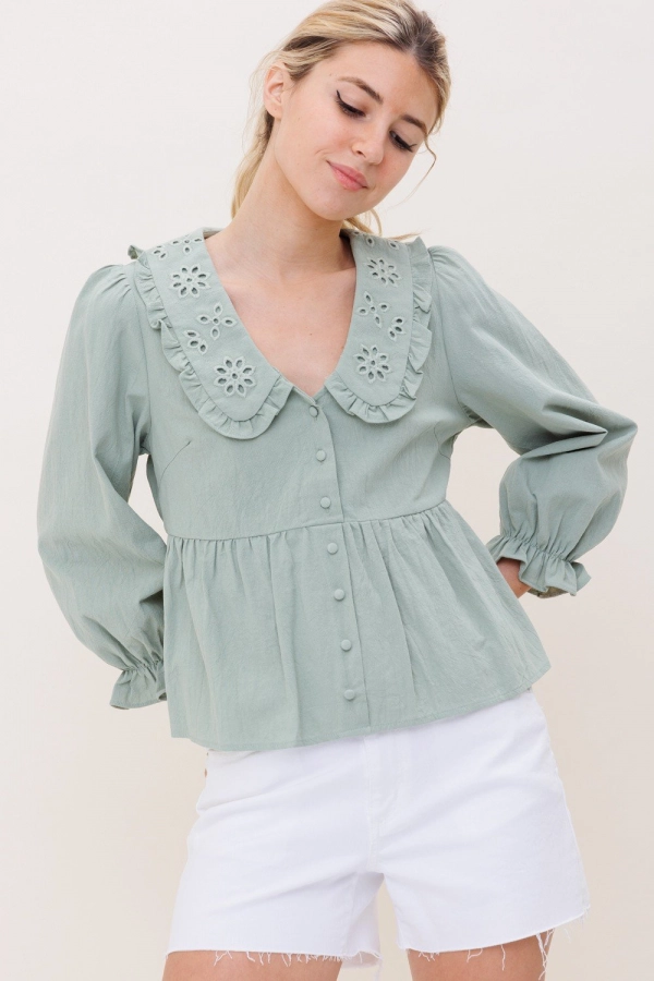 wholesale clothing sage 3/4th sleeve top with collar and buttons In The Beginning