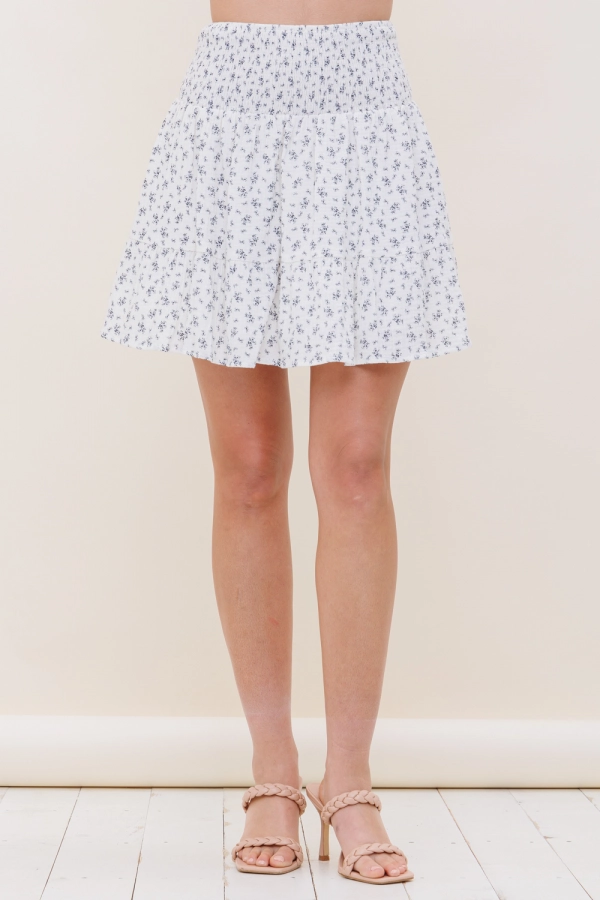 wholesale clothing ivory floral mini skirt with elastic waist In The Beginning