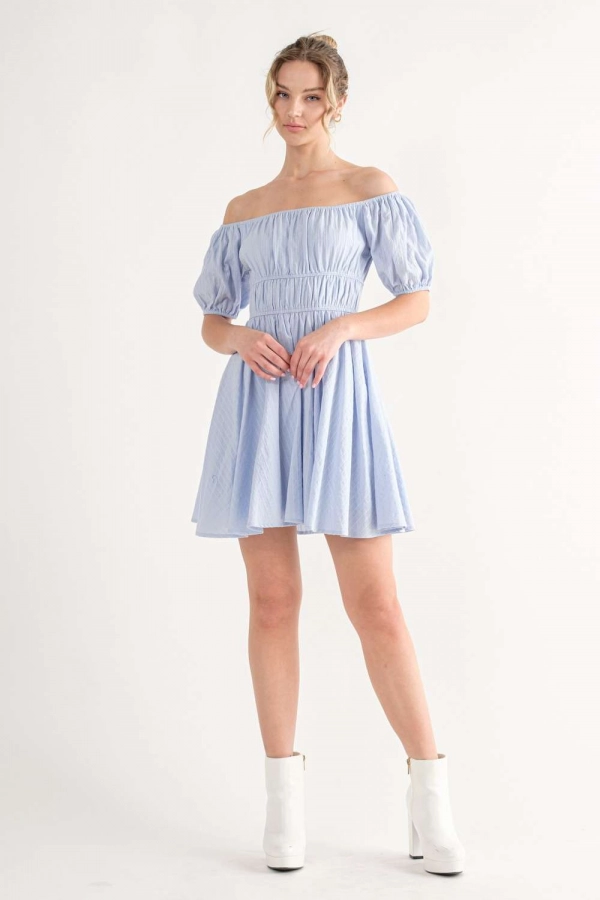 wholesale clothing dusty blue mini dress with off shoulder details In The Beginning