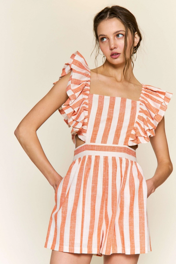 wholesale clothing orange stripe romper with square neck In The Beginning