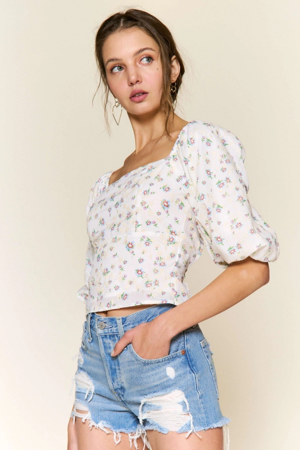 wholesale clothing blue floral top with detailed back and front In The Beginning