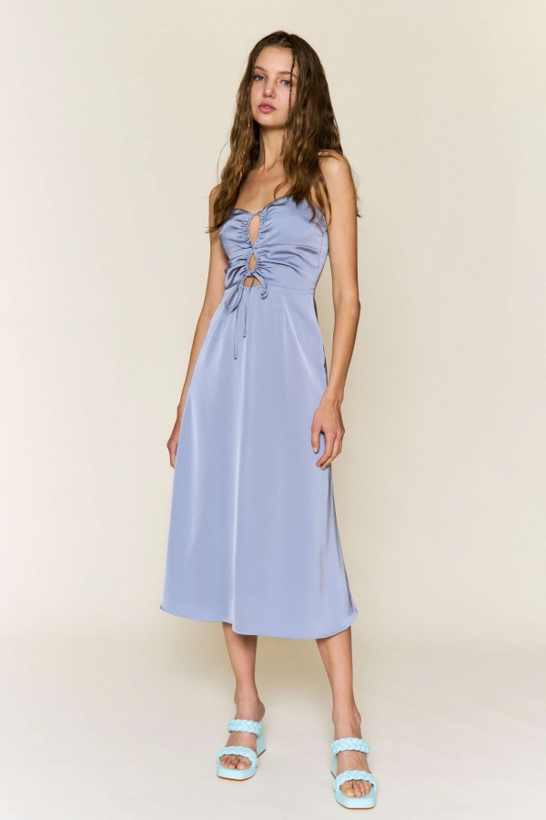 wholesale clothing dust blue midi dress with spaghetti straps In The Beginning