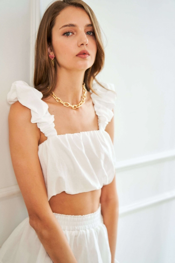 wholesale clothing white crop top with ruffle detail In The Beginning