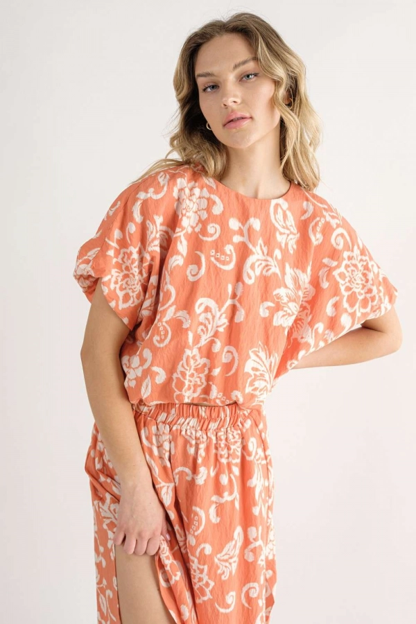wholesale clothing orange short sleeve midi top In The Beginning