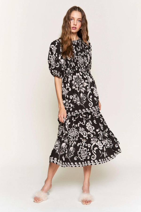 wholesale clothing black floral  midi dress In The Beginning