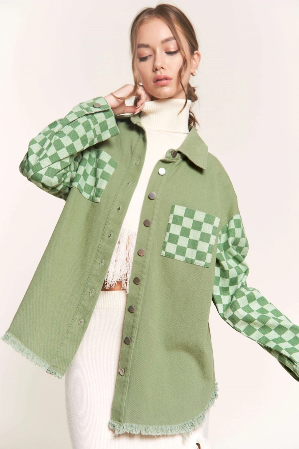 wholesale clothing green checkered shacket with button & long sleeve In The Beginning