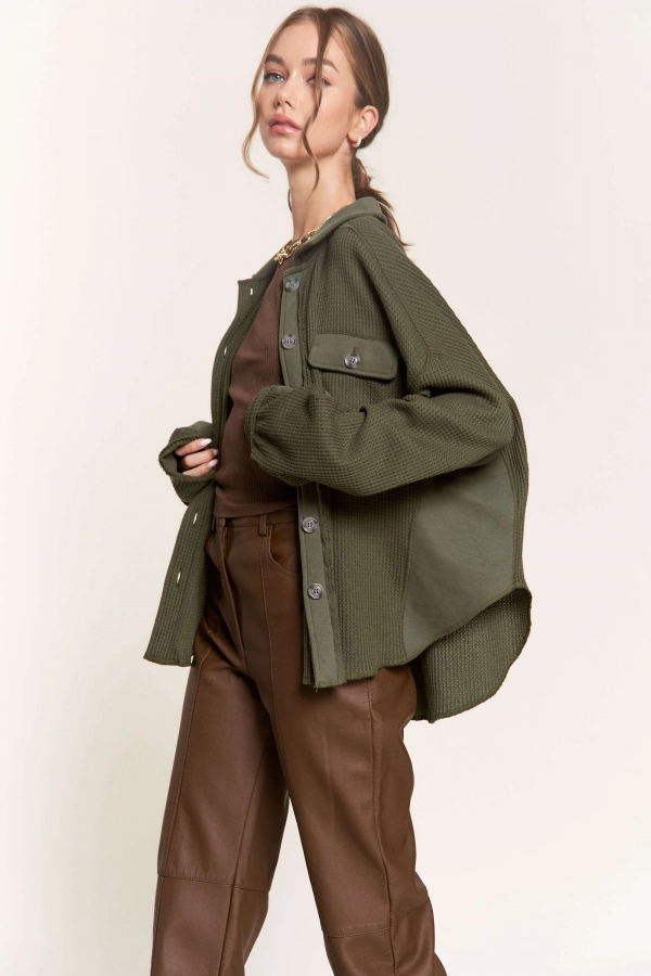 wholesale clothing olive shacket with button details  and pockets In The Beginning