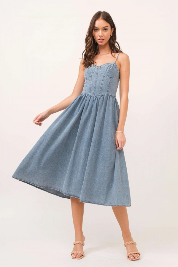 wholesale clothing swahed denim midi dress In The Beginning