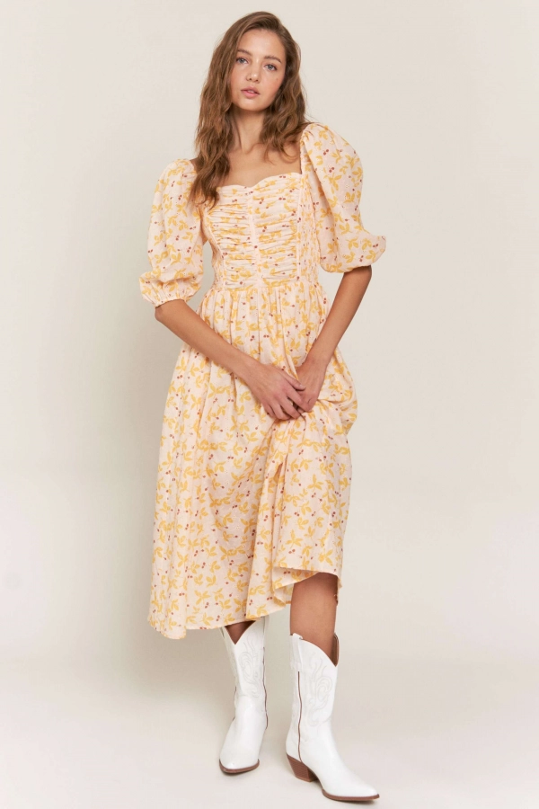 wholesale clothing embroidered textured midi dress yellow In The Beginning