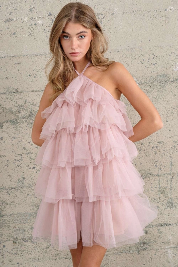 wholesale clothing nude halter neck tulle ruffle mini dress In The Beginning