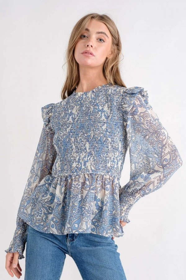 wholesale clothing blue floral top with long sleeve In The Beginning