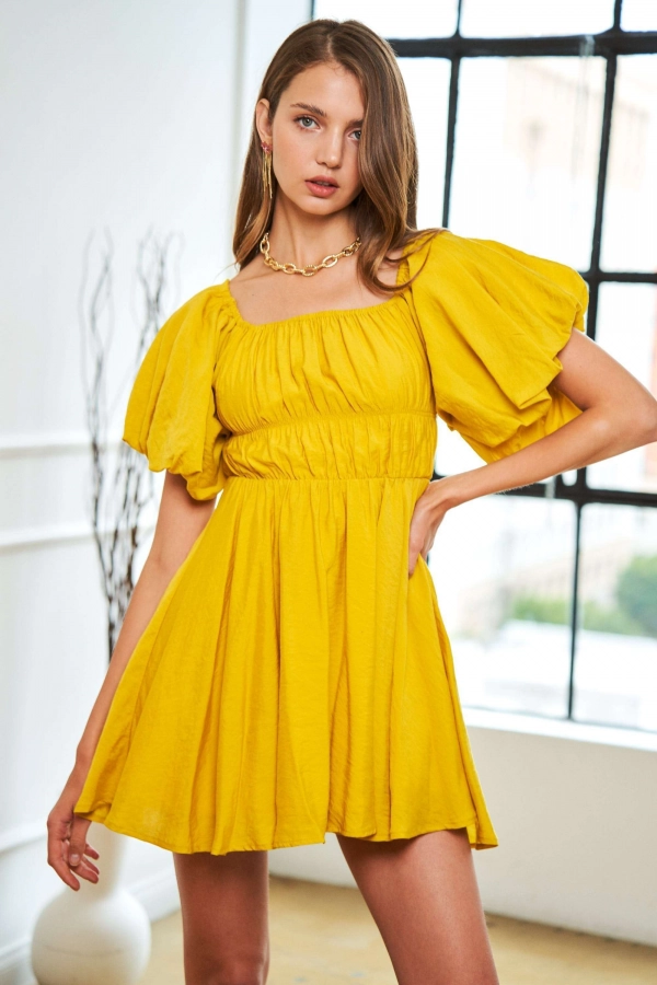 wholesale clothing yellow mini dress  with short sleeve In The Beginning