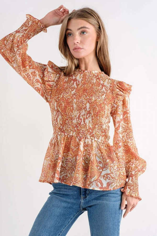 wholesale clothing rust floral top with long sleeve In The Beginning