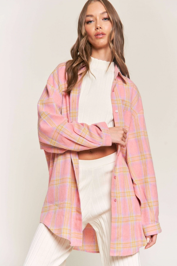 wholesale clothing pink over size plaid jacket with buttons In The Beginning
