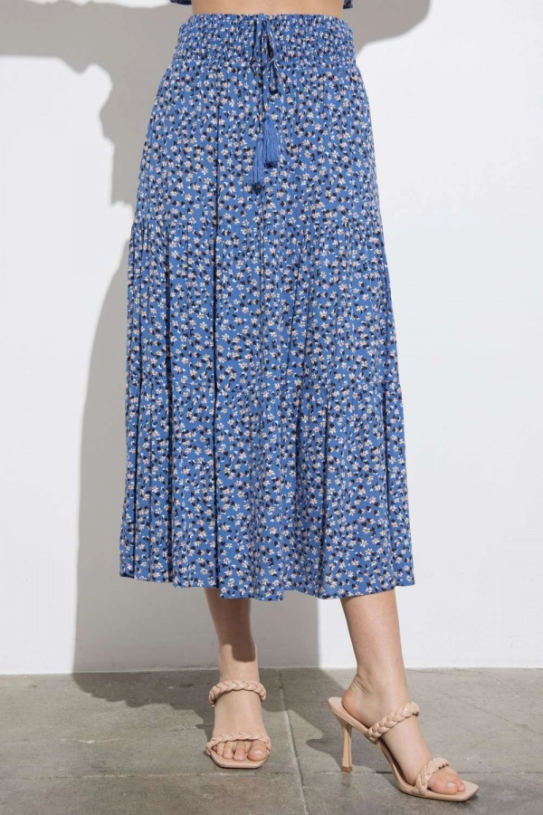 wholesale clothing blue floral skirt with elastic waist In The Beginning