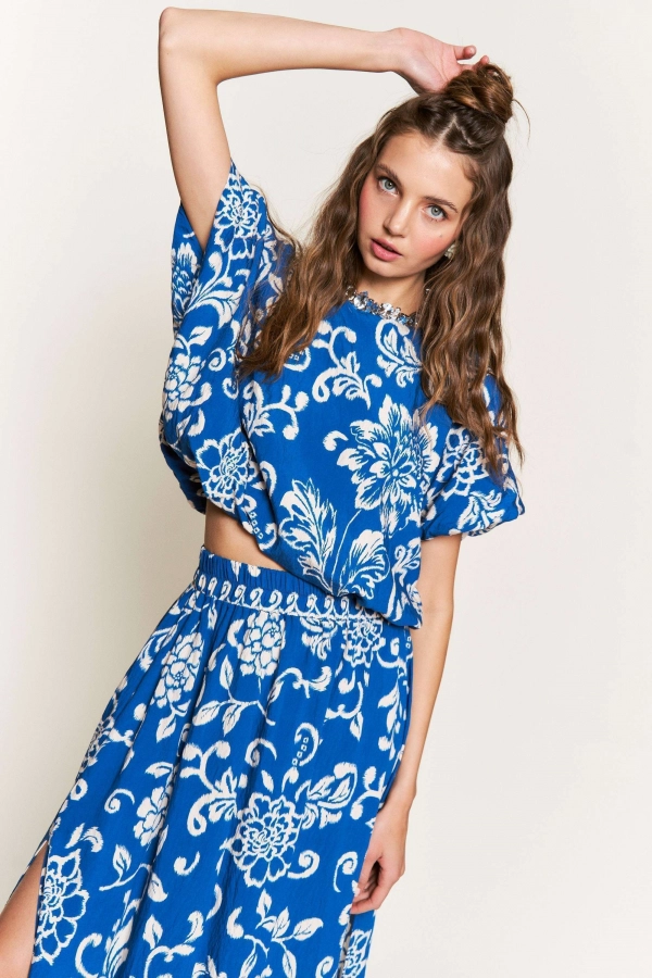 wholesale clothing blue short sleeve midi top In The Beginning