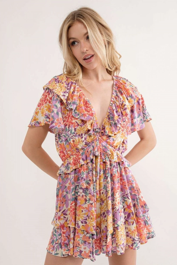 wholesale clothing pink floral rompers with v neck In The Beginning