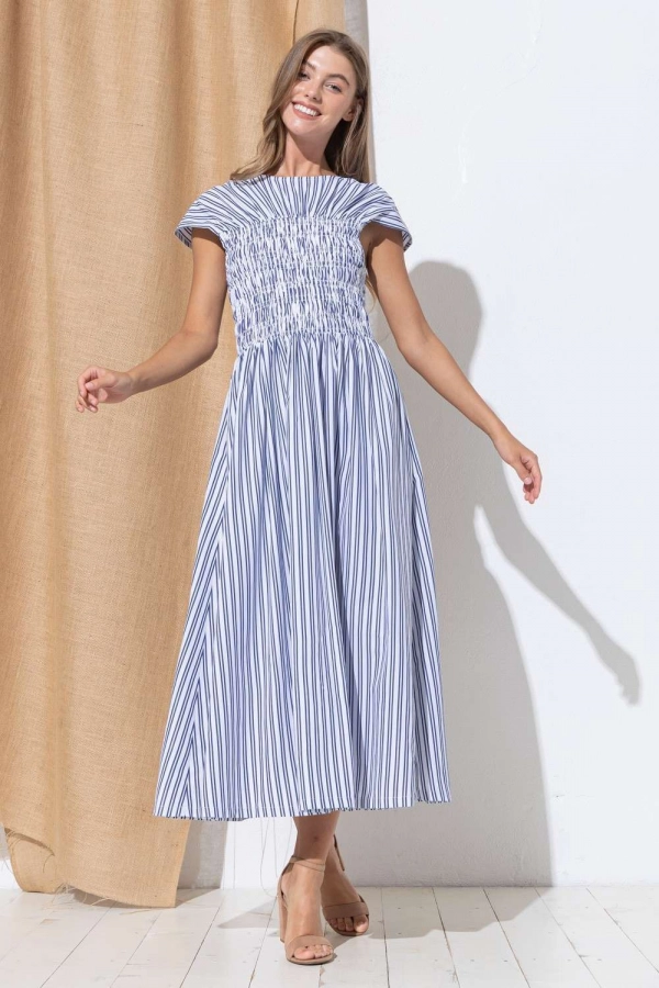 wholesale clothing navy stripe  boat neck maxi dress with ruffle In The Beginning