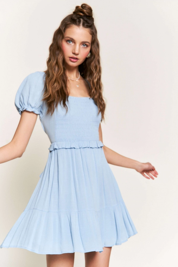 wholesale clothing light blue solid flared dress with ruffle In The Beginning