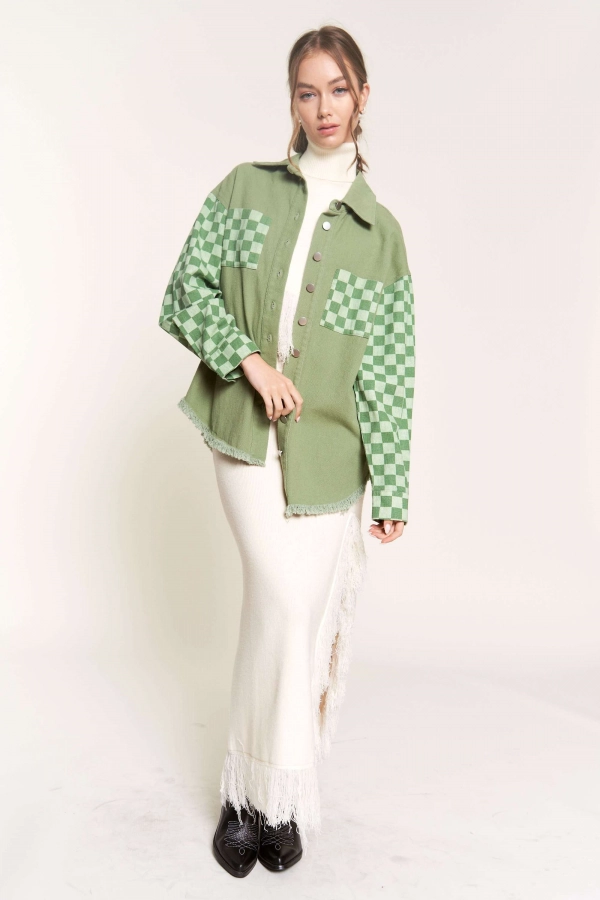 wholesale clothing sage checkered shacket with button & long sleeve In The Beginning
