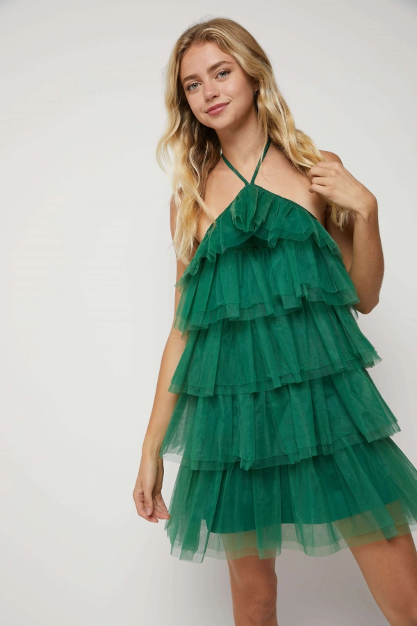 wholesale clothing hunter green halter neck tulle ruffle mini dress In The Beginning