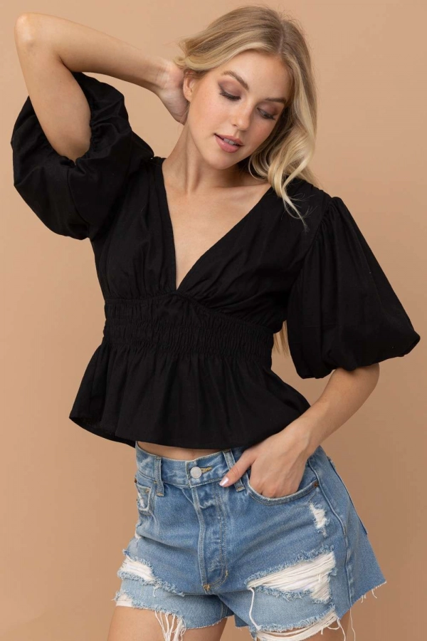 wholesale clothing black cropped top with v neck In The Beginning
